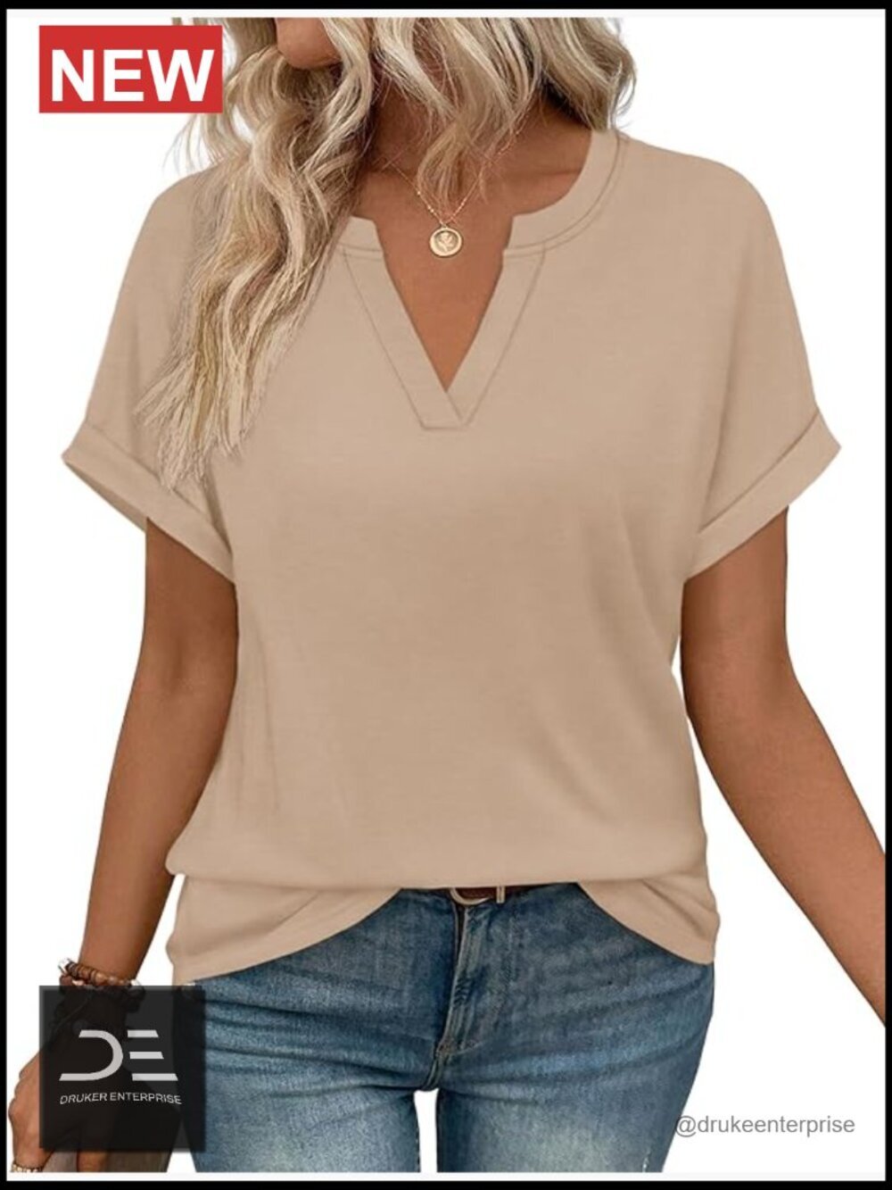 Short Sleeve V-Neck Tunic Blouse - Stretchable Polyester Spandex